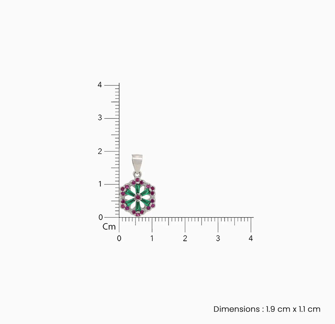 Floral Hexagon Silver Pendant with Green & Pink Stones Made With Pure 925 Silver