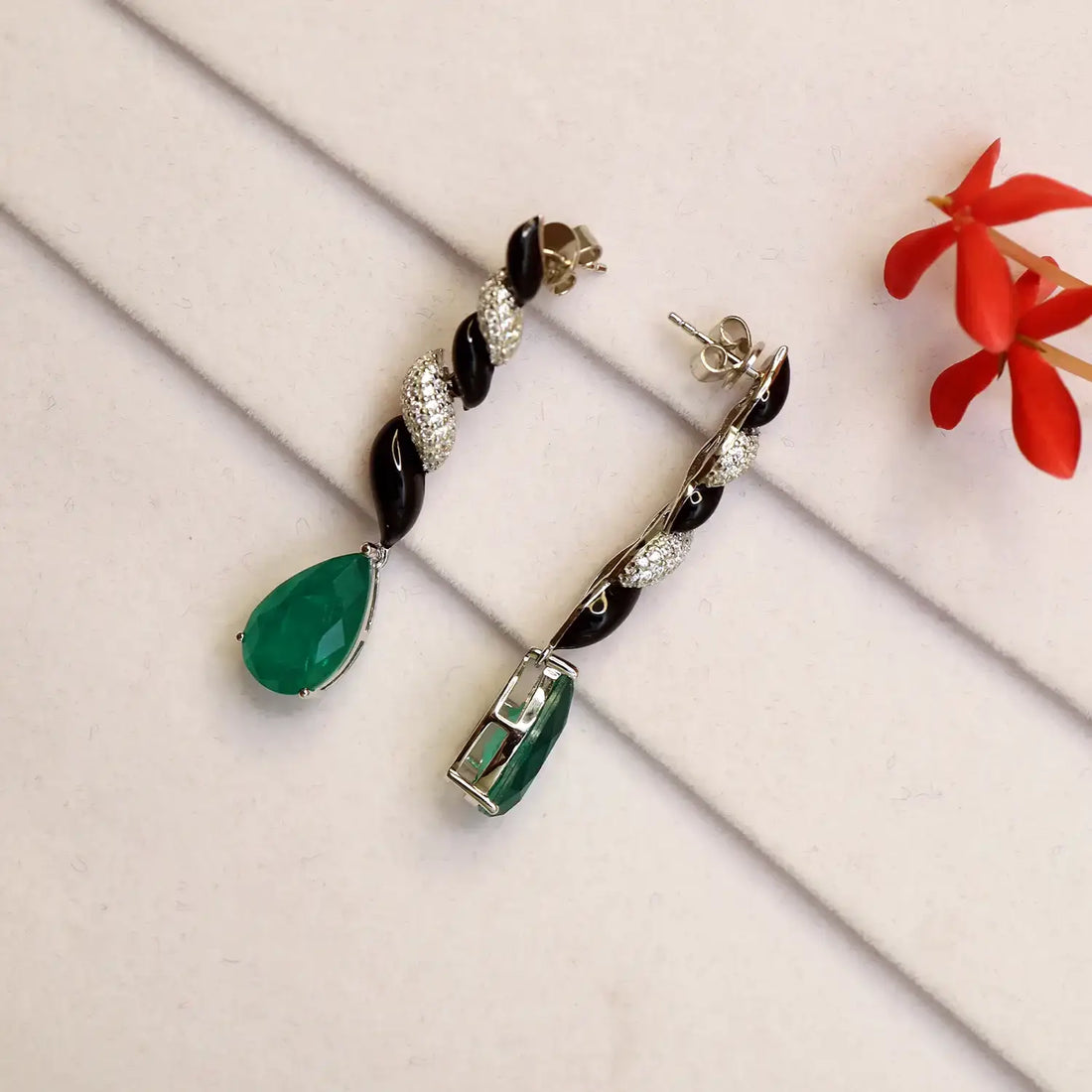 Emerald Green & Black Enamel Silver Drop Earrings- Made With Pure 925 Silver