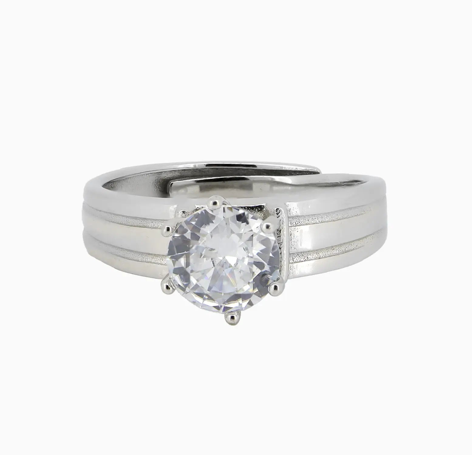 Classic Solitaire Silver Ring with Textured Band - Made With Pure 925 Silver