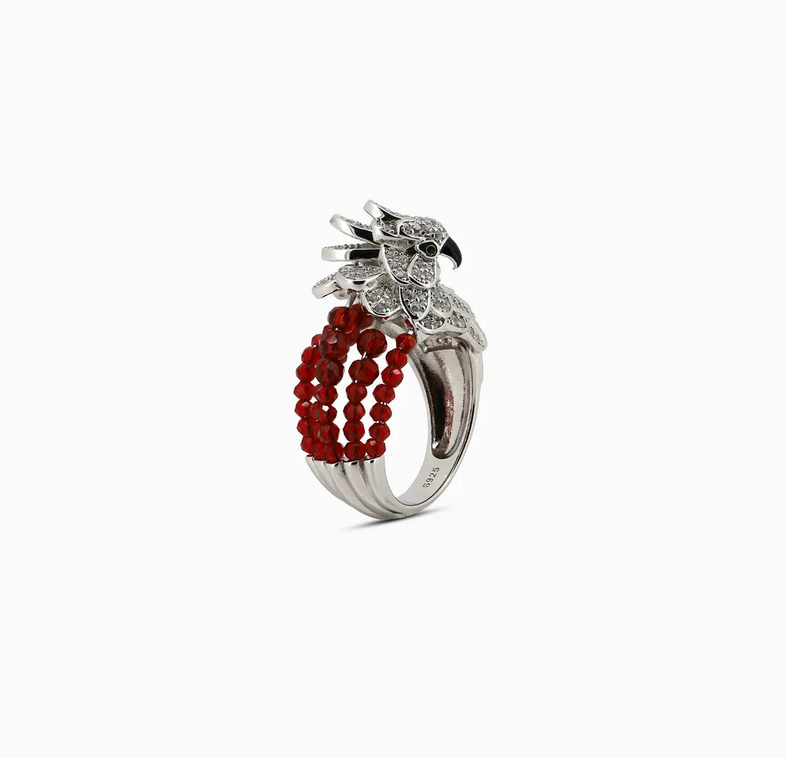 Pure Parrot Ring with Red Beads - Made With 925 Silver
