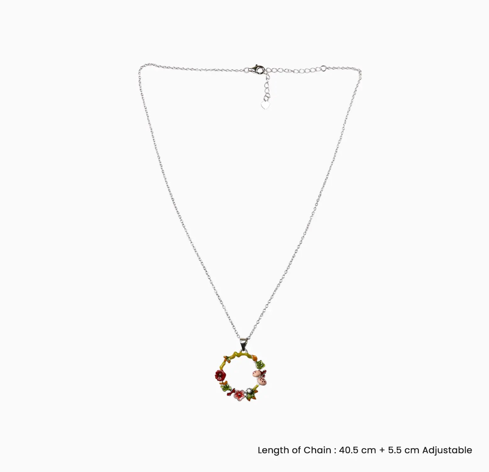 Enamel Ladybug Floral Wreath Silver Necklace- Made With Pure 925 Silver