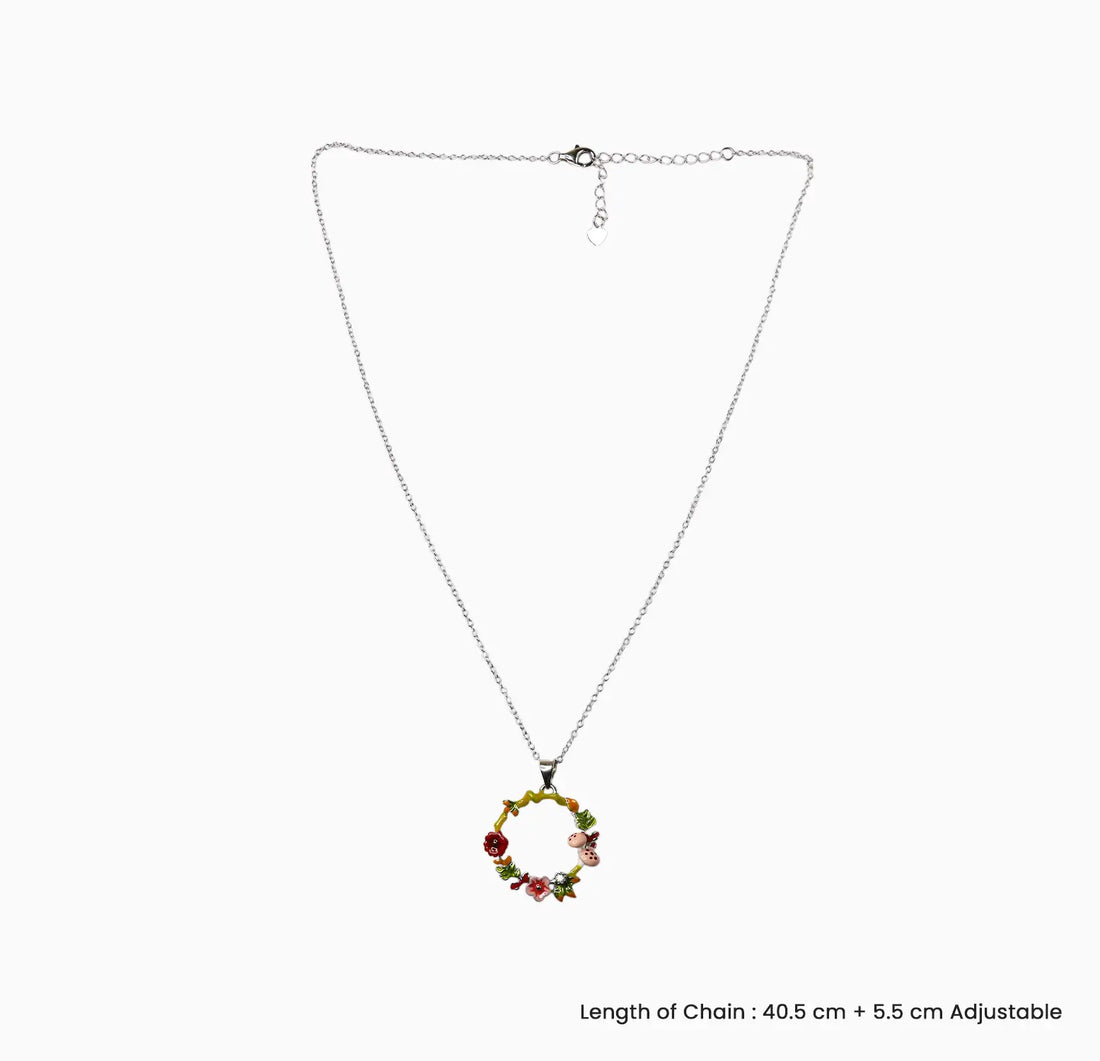 Enamel Ladybug Floral Wreath Silver Necklace- Made With Pure 925 Silver
