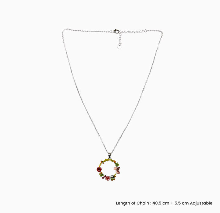 Enamel Ladybug Floral Wreath Silver Necklace- Made With Pure 925 Silver