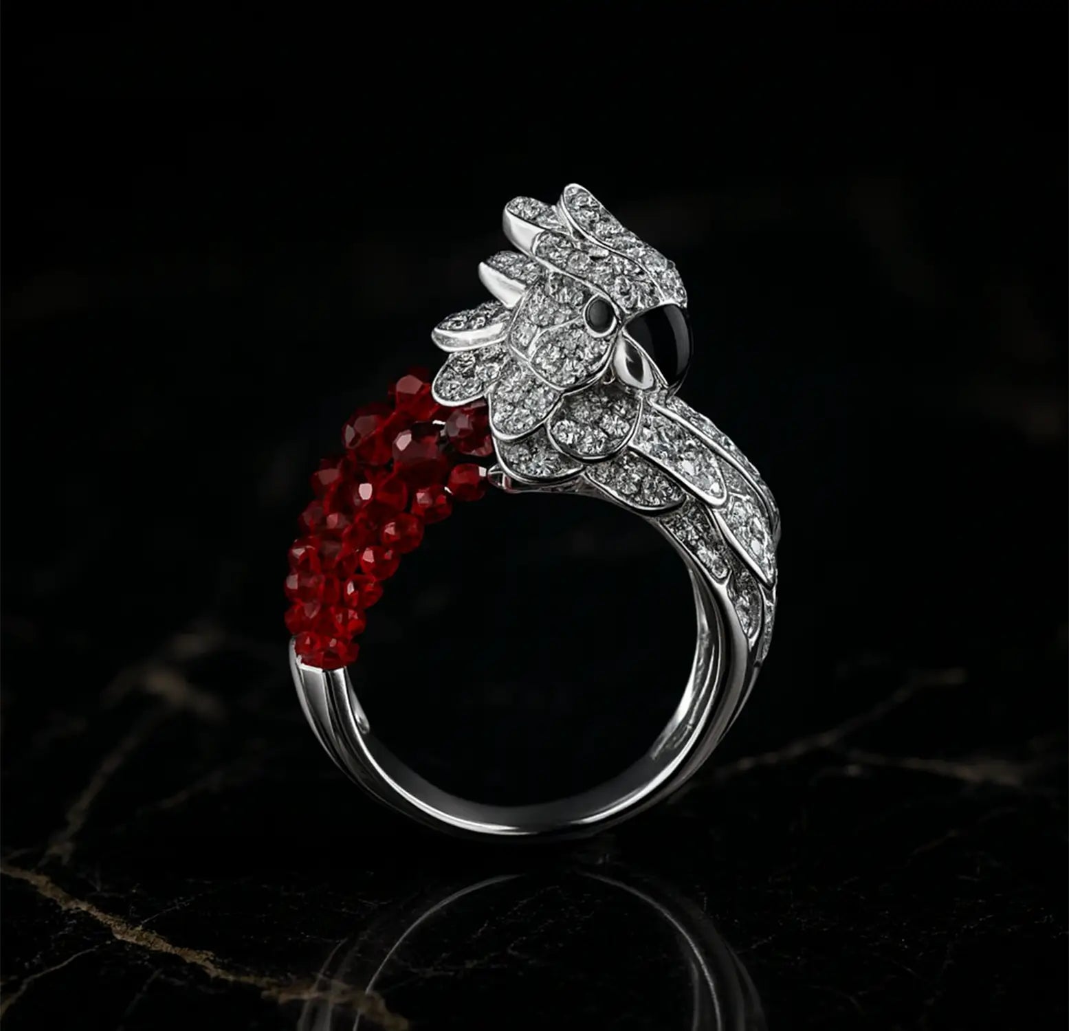 Pure Parrot Ring with Red Beads - Made With 925 Silver