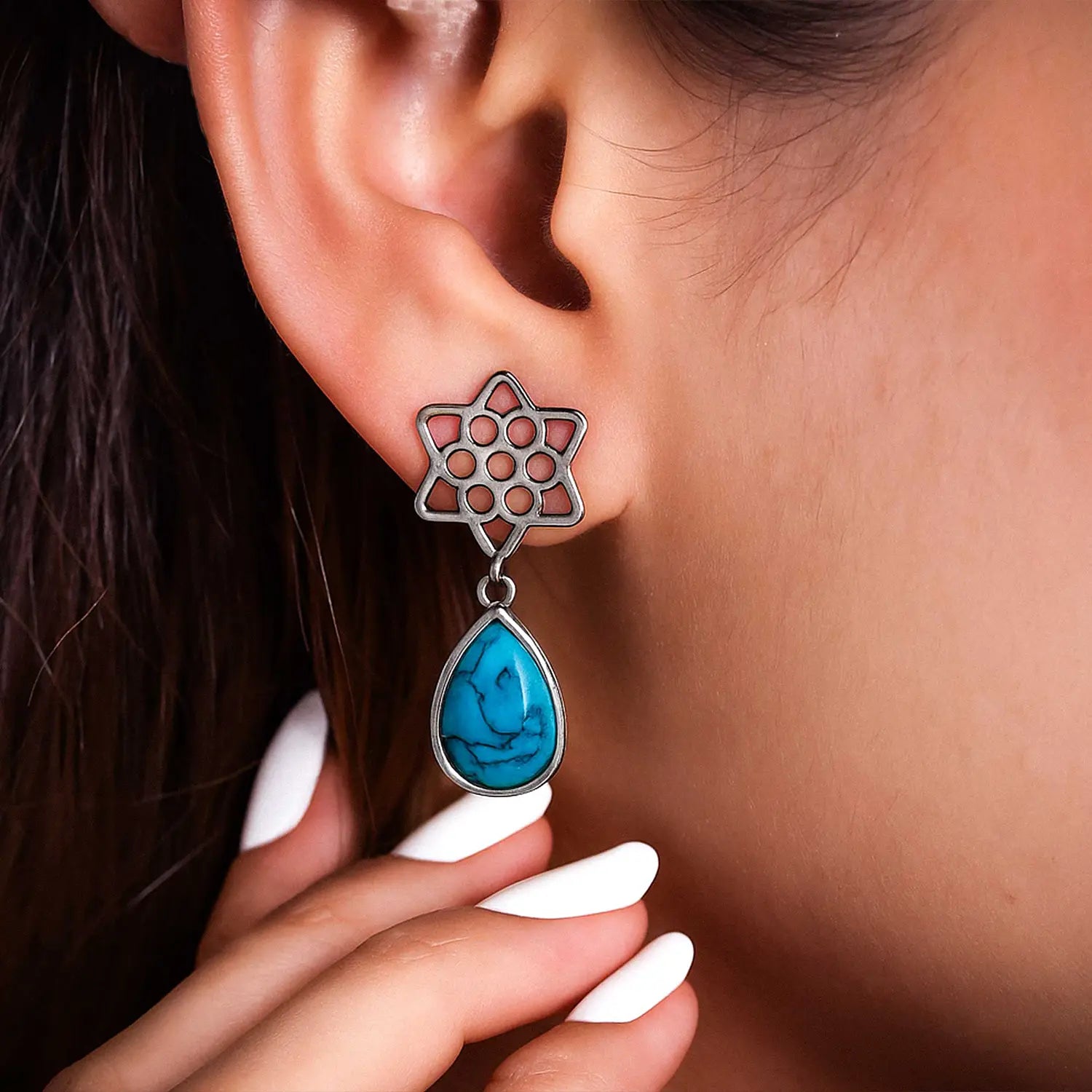 Turquoise Bloom Silver Drop Earrings- Made With Pure 925 Silver