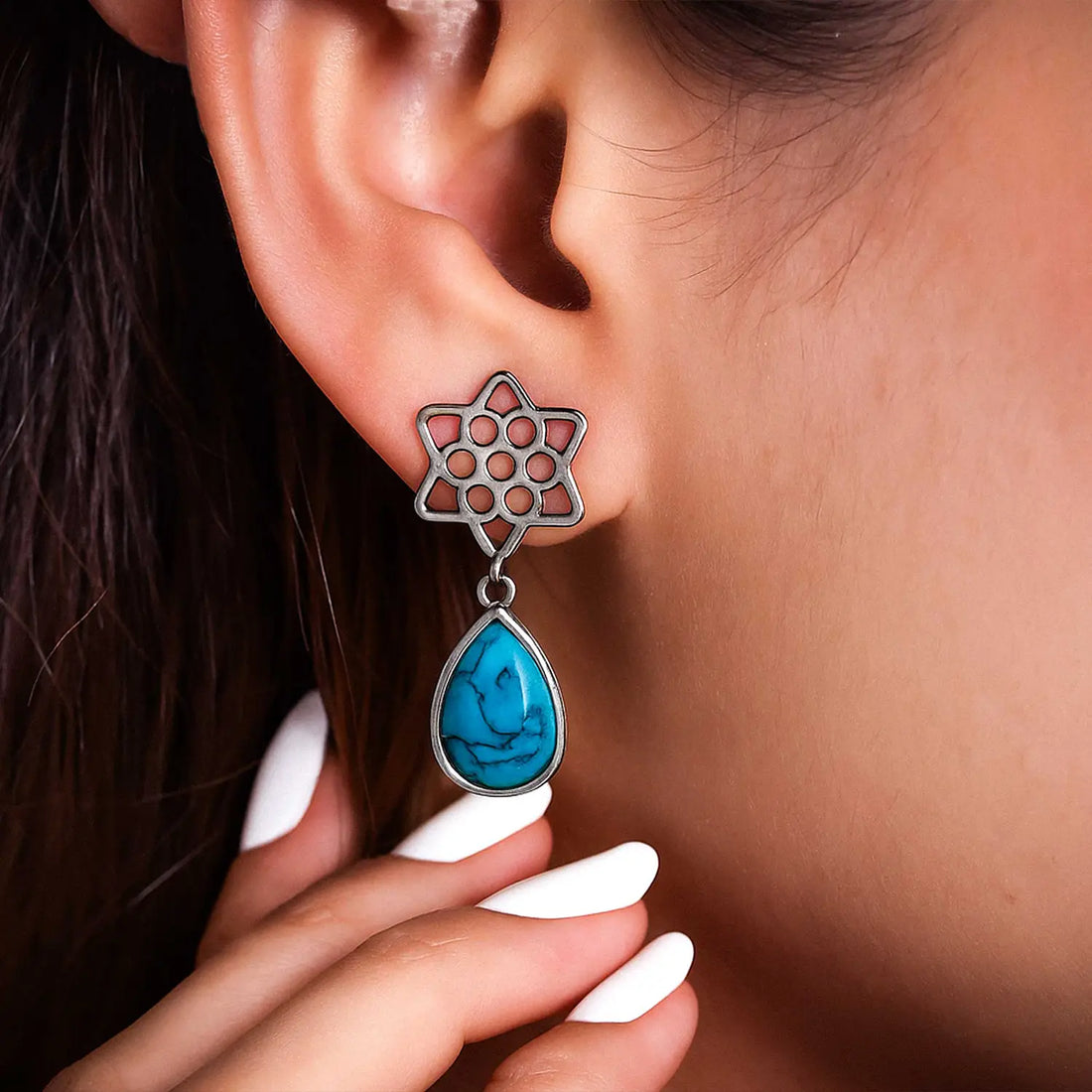 Turquoise Bloom Silver Drop Earrings- Made With Pure 925 Silver