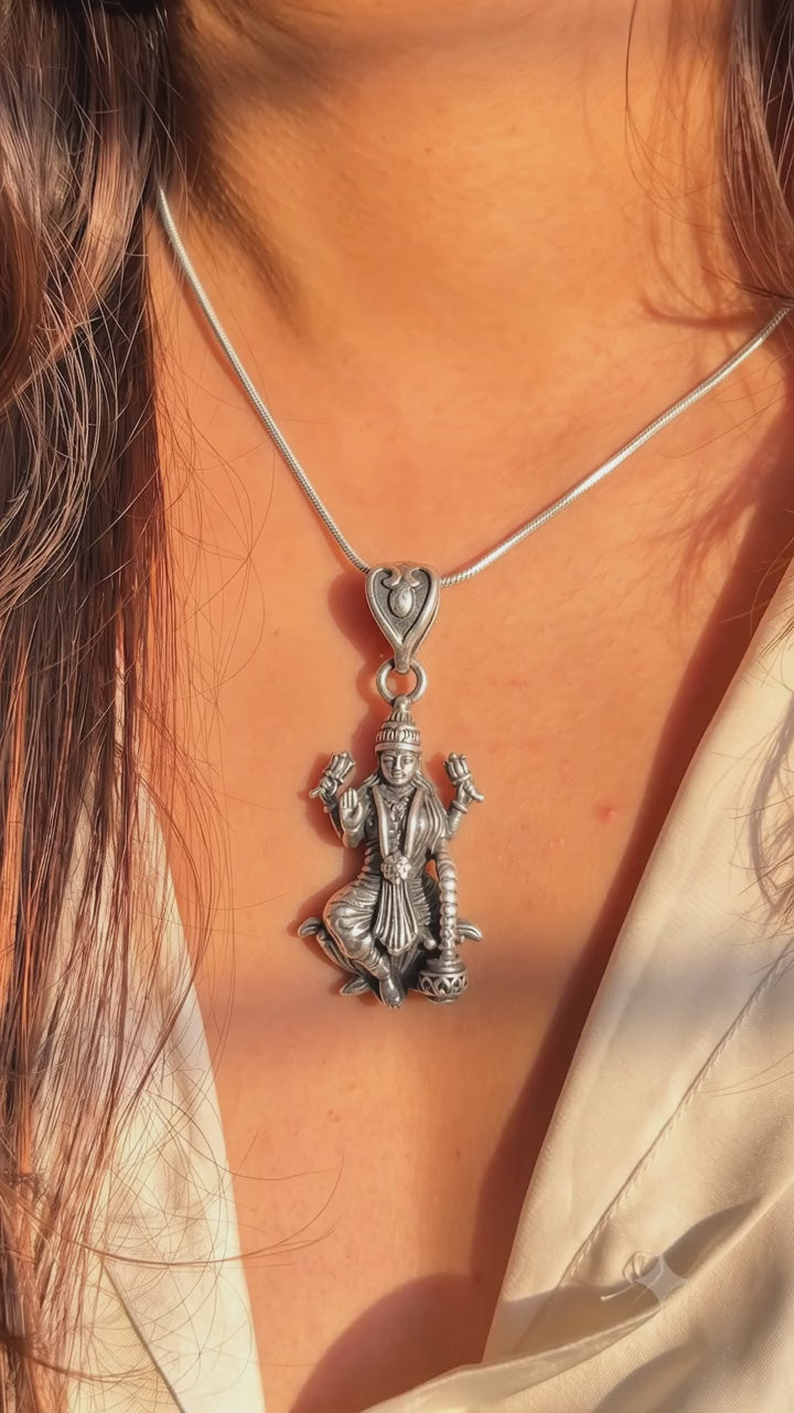 Divine Goddess Lakshmi Oxidised Silver Pendant - Made With Pure 925 Silver