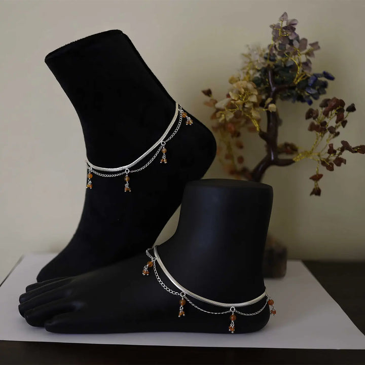 Dual Chain Silver Anklet with Golden Bead Danglers- Made With Pure 925 Silver