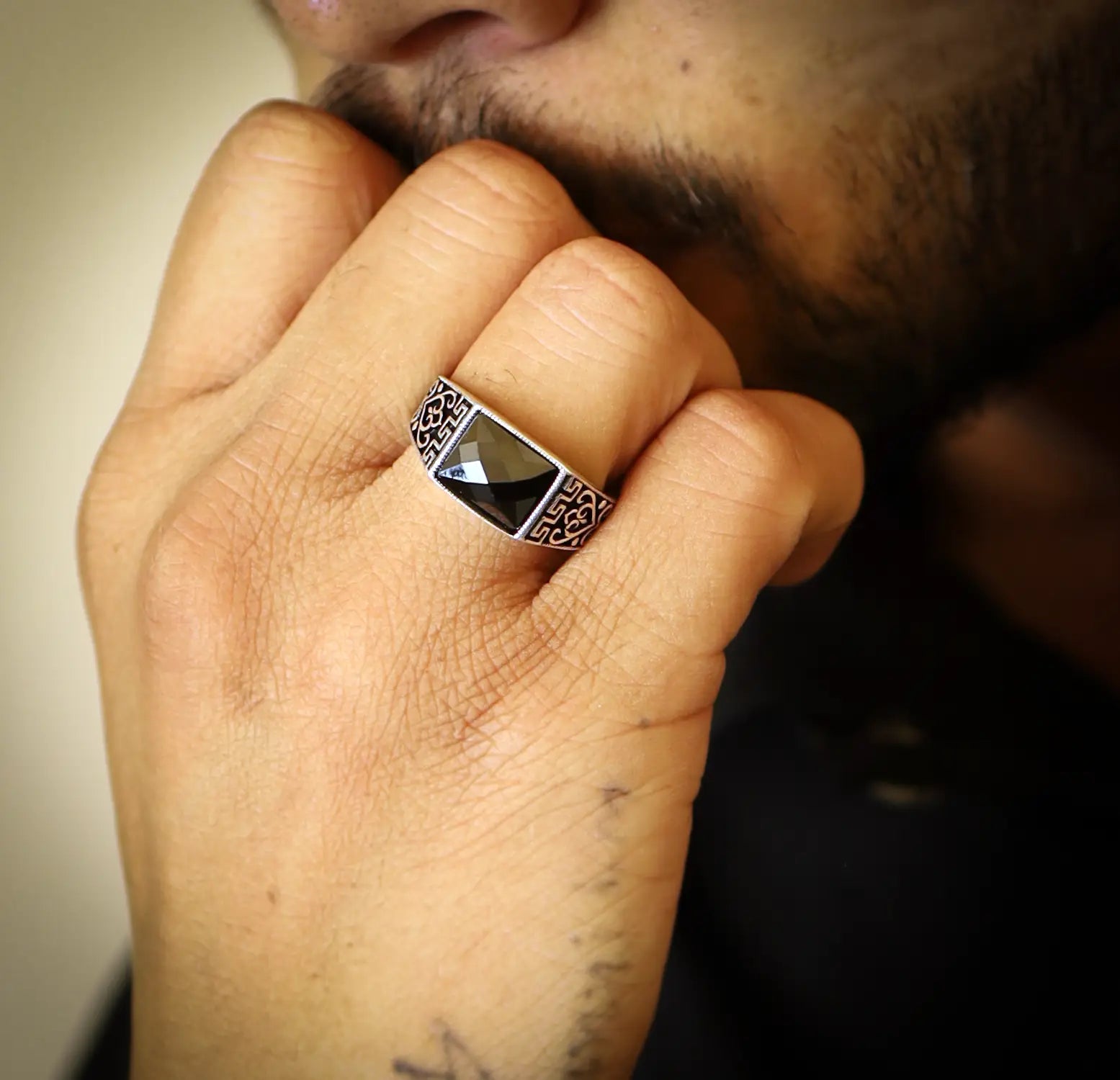 Oxidised Silver Ring with Black Stone - Made With Pure 925 Silver