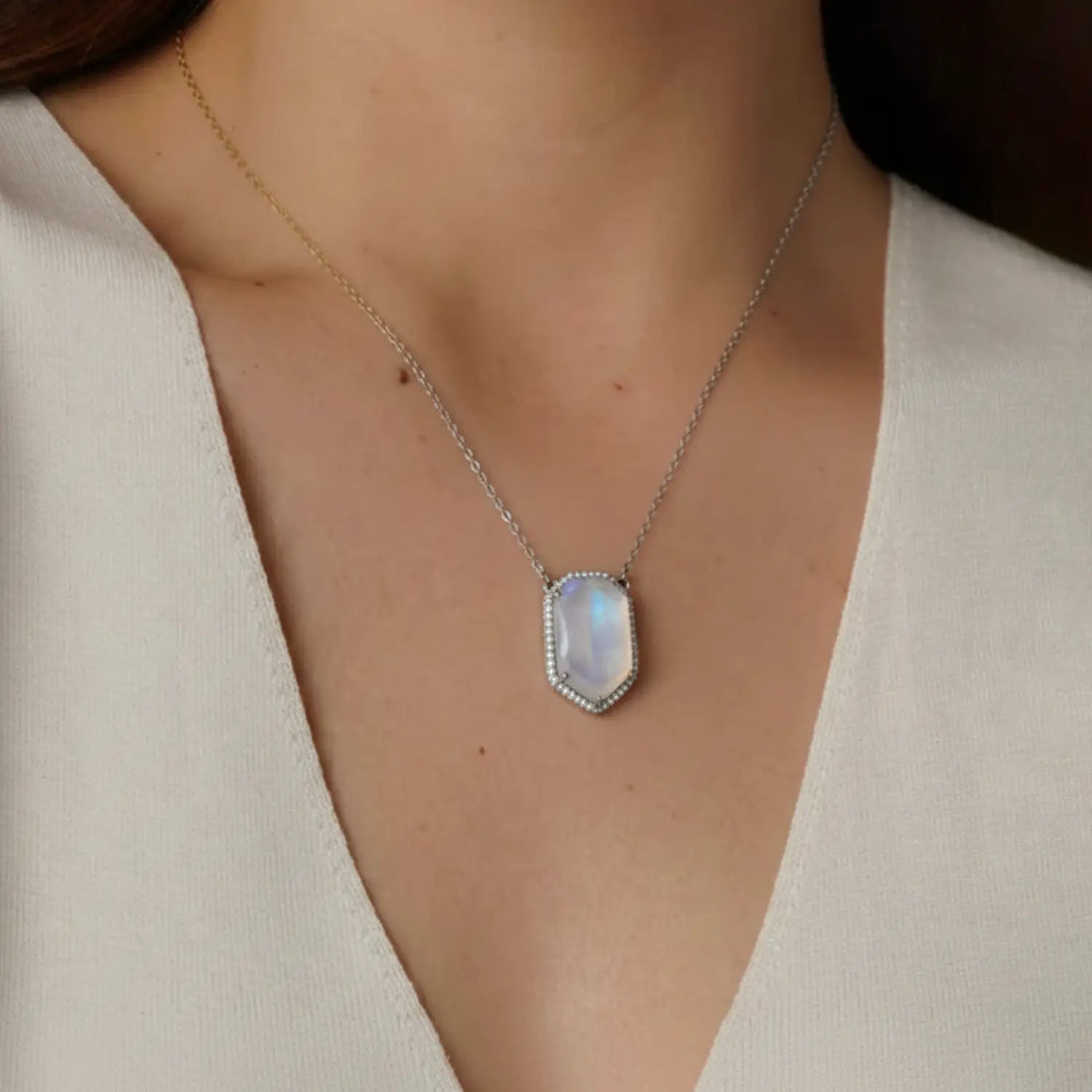 White Opal Stone Pendant with Silver Chain- Made With Pure 925 Silver