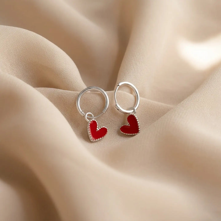 Red Heart Charm Silver Hoop Earrings - Made With Pure 925 Silver