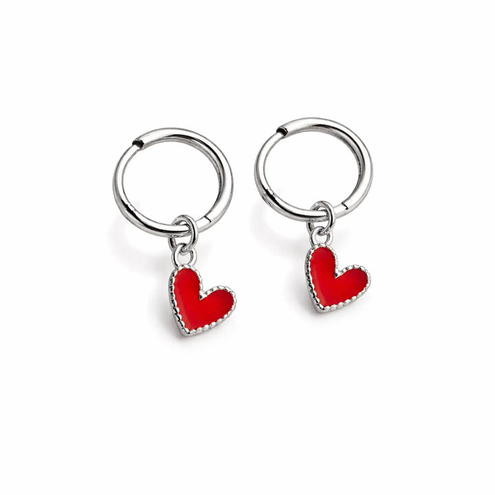 Red Heart Charm Silver Hoop Earrings - Made With Pure 925 Silver