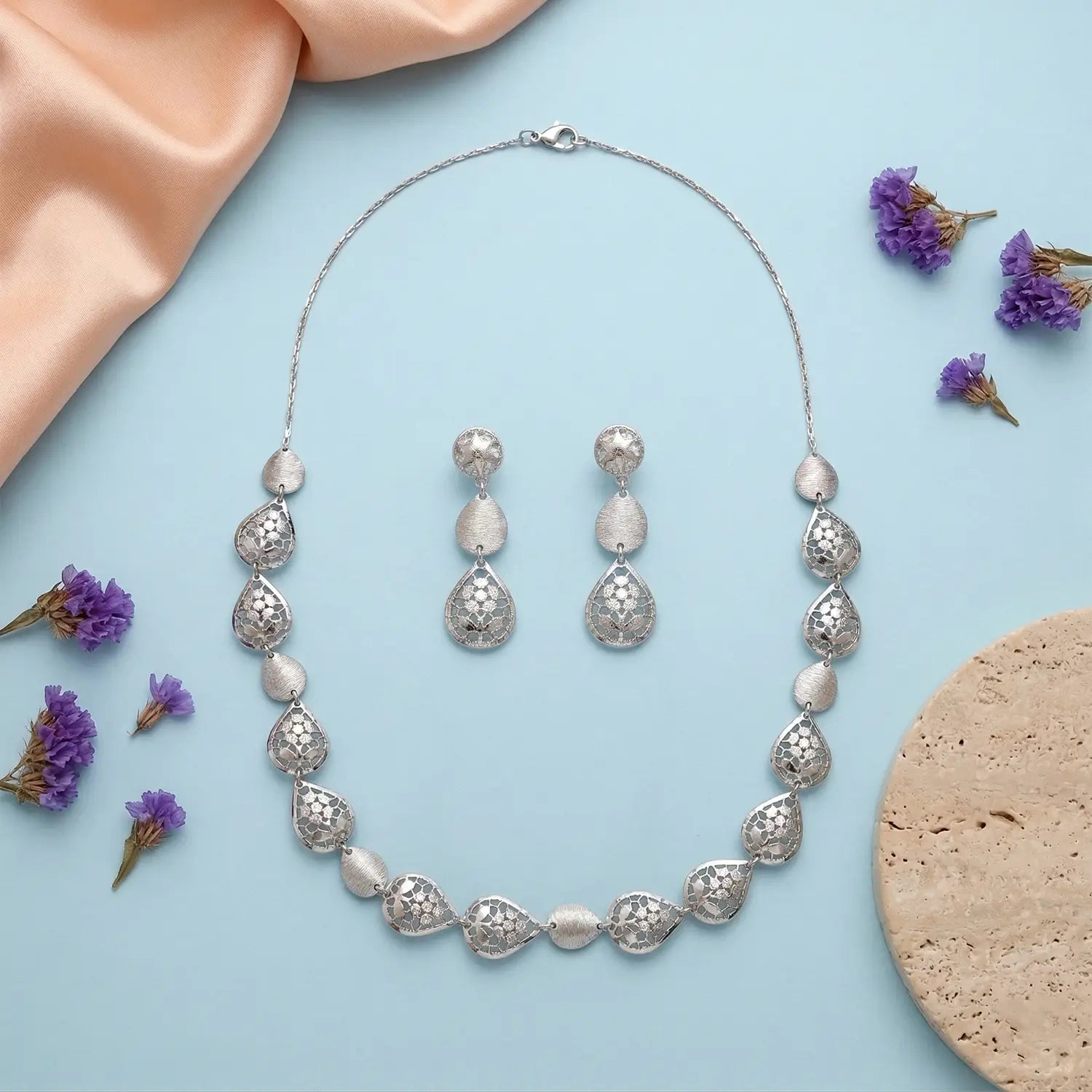 Elegant Teardrop Cascade Pure Silver Necklace Set- Made With Pure 925 Silver