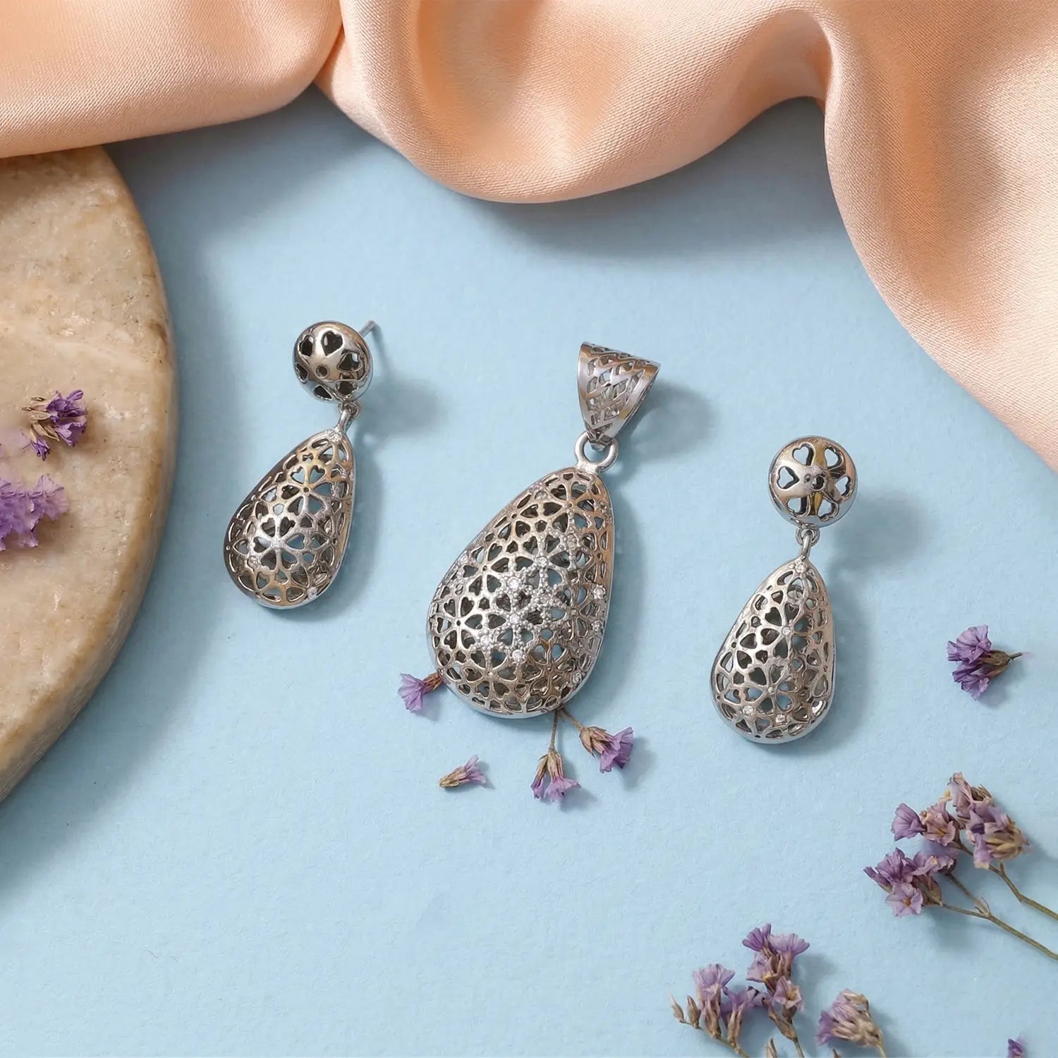 Elegant Floral Filigree Teardrop Pure Silver Pendant & Earrings Set - Made With Pure 925 Silver