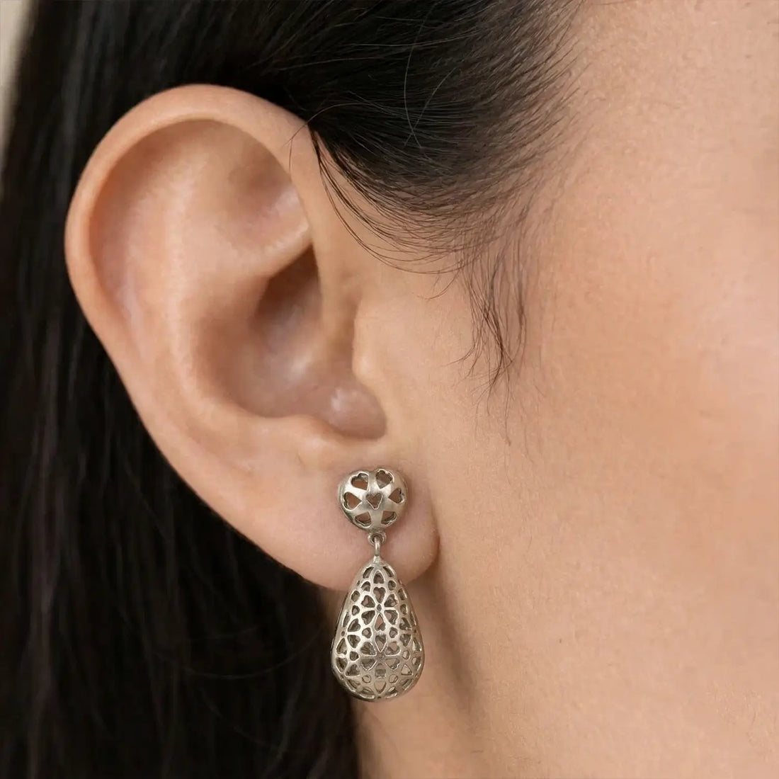 Elegant Floral Filigree Teardrop Pure Silver Pendant & Earrings Set - Made With Pure 925 Silver