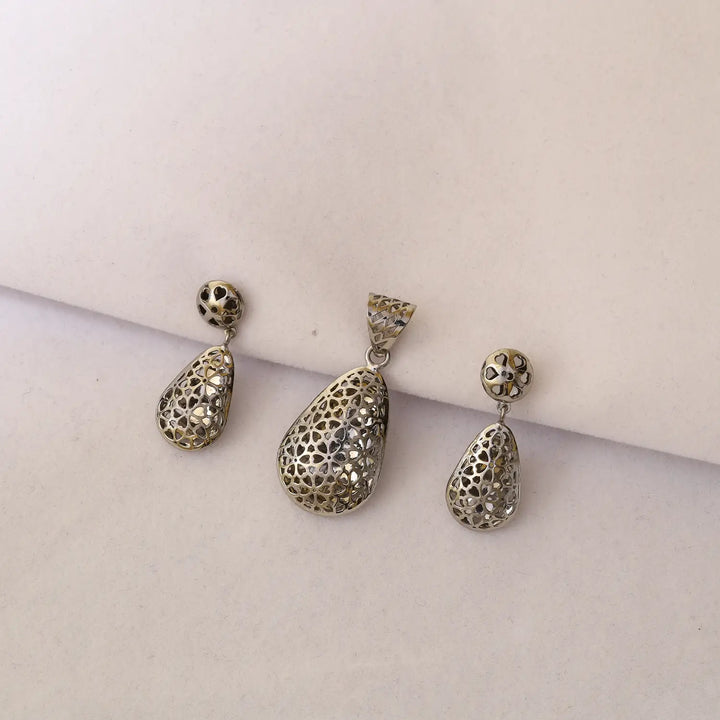 Elegant Floral Filigree Teardrop Pure Silver Pendant & Earrings Set - Made With Pure 925 Silver