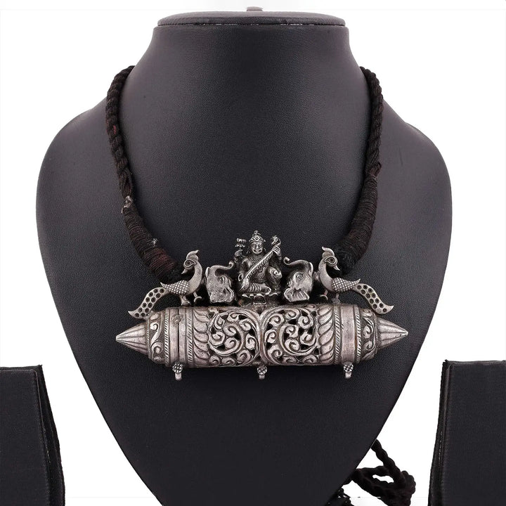 Silver Saraswati Temple Pendant- Made With Pure 925 Silver